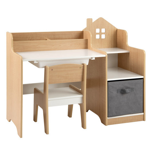 Kids Study Desk and Chair Set with Open Shelves Drawer and Fabric Storage Bin-Natural