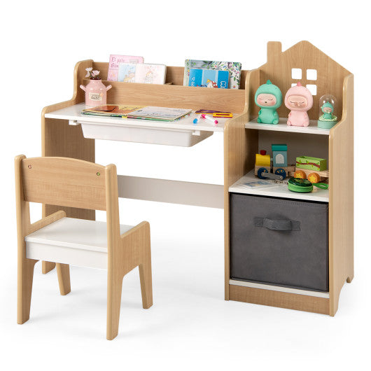 Kids Study Desk and Chair Set with Open Shelves Drawer and Fabric Storage Bin-Natural