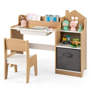 Kids Study Desk and Chair Set with Open Shelves Drawer and Fabric Storage Bin-Natural