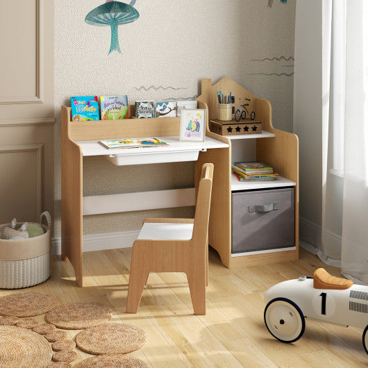 Kids Study Desk and Chair Set with Open Shelves Drawer and Fabric Storage Bin-Natural