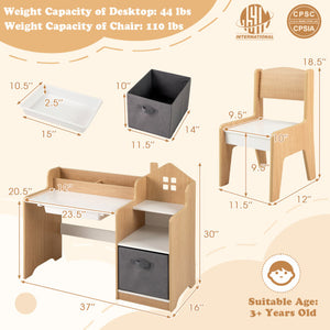 Kids Study Desk and Chair Set with Open Shelves Drawer and Fabric Storage Bin-Natural