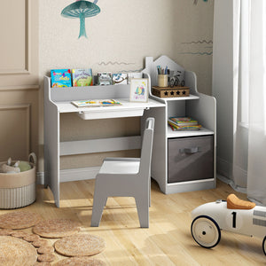 Kids Study Desk and Chair Set with Open Shelves Drawer and Fabric Storage Bin-Gray