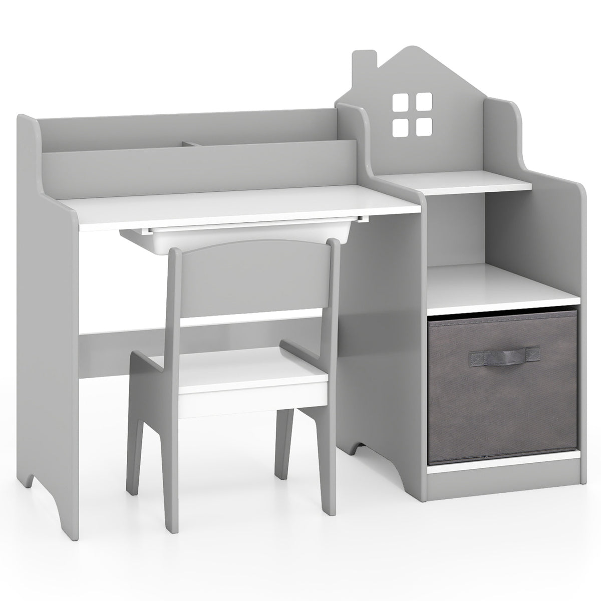 Kids Study Desk and Chair Set with Open Shelves Drawer and Fabric Storage Bin-Gray