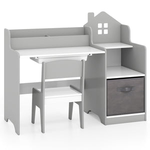 Kids Study Desk and Chair Set with Open Shelves Drawer and Fabric Storage Bin-Gray