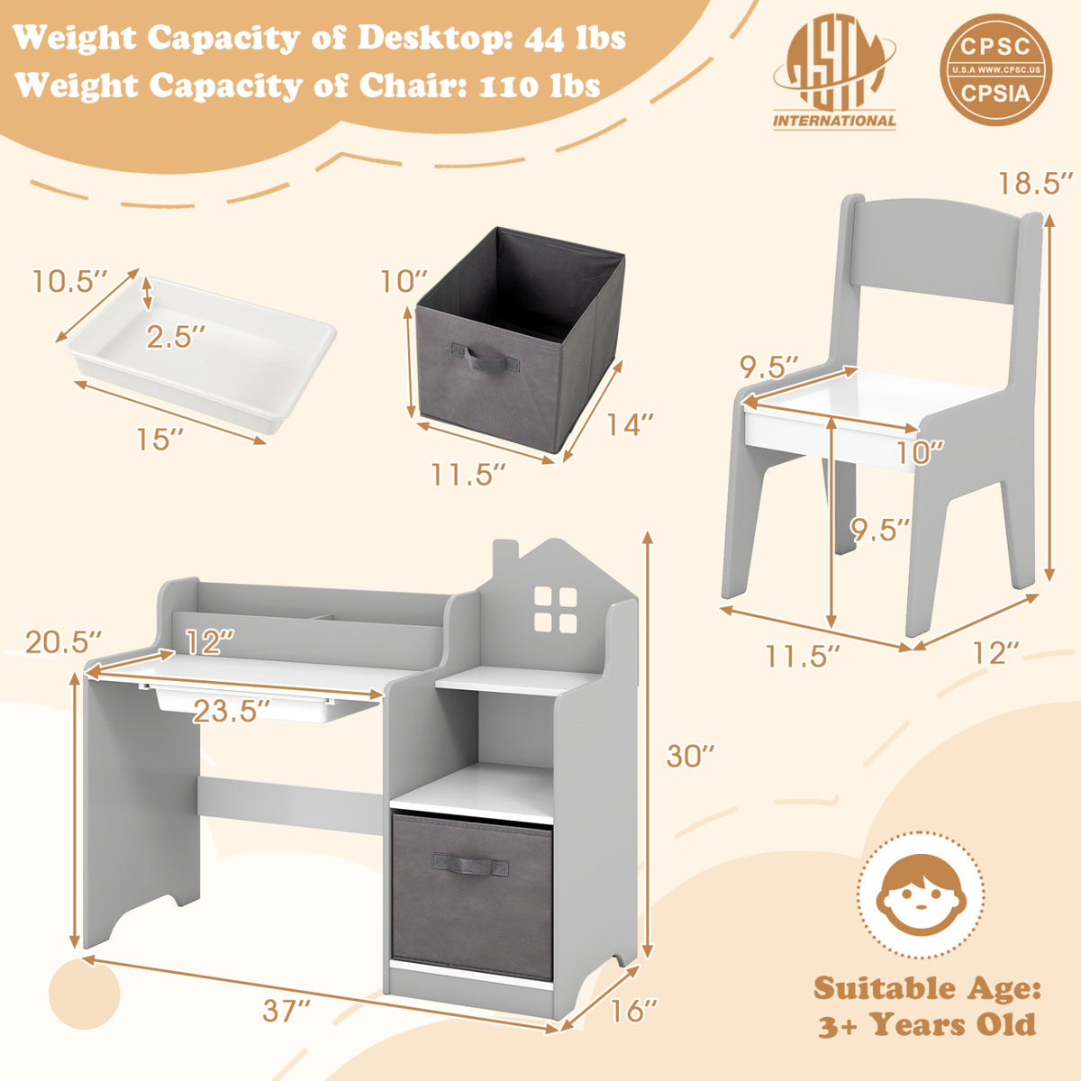 Kids Study Desk and Chair Set with Open Shelves Drawer and Fabric Storage Bin-Gray