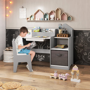 Kids Study Desk and Chair Set with Open Shelves Drawer and Fabric Storage Bin-Gray