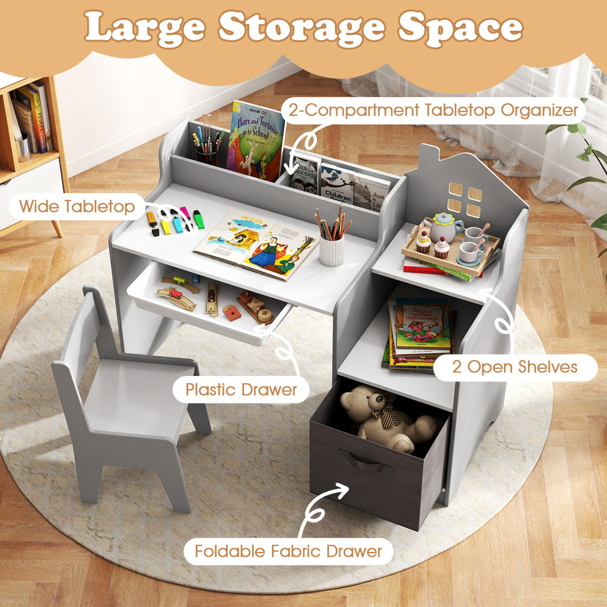 Kids Study Desk and Chair Set with Open Shelves Drawer and Fabric Storage Bin-Gray