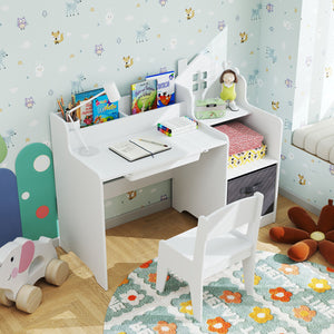 Kids Study Desk and Chair Set with Open Shelves Drawer and Fabric Storage Bin-White