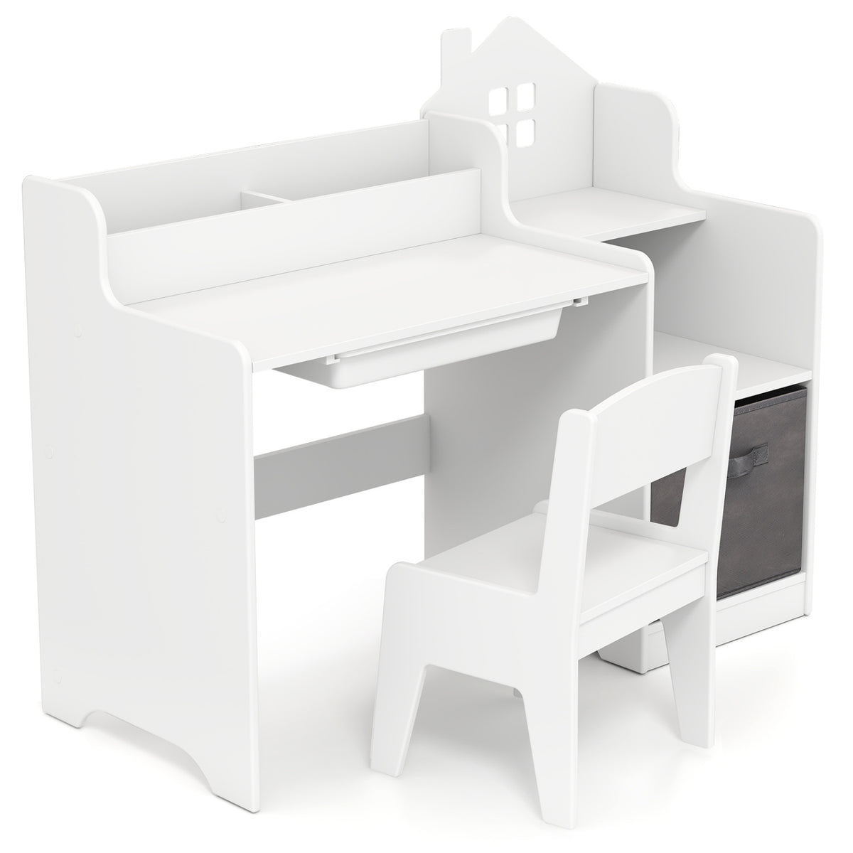 Kids Study Desk and Chair Set with Open Shelves Drawer and Fabric Storage Bin-White