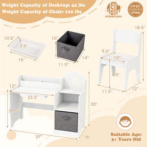 Kids Study Desk and Chair Set with Open Shelves Drawer and Fabric Storage Bin-White