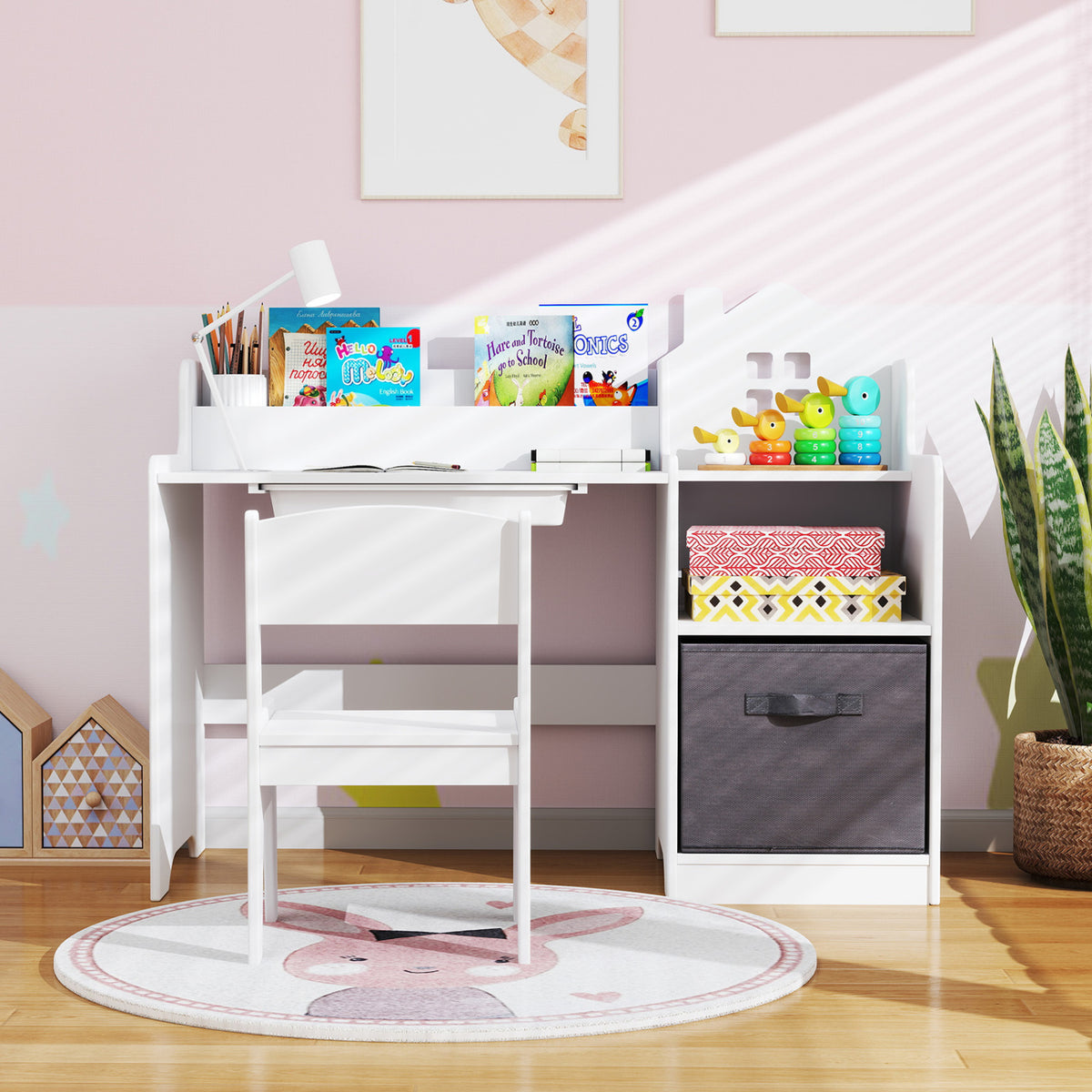 Kids Study Desk and Chair Set with Open Shelves Drawer and Fabric Storage Bin-White