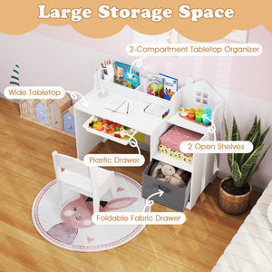 Kids Study Desk and Chair Set with Open Shelves Drawer and Fabric Storage Bin-White