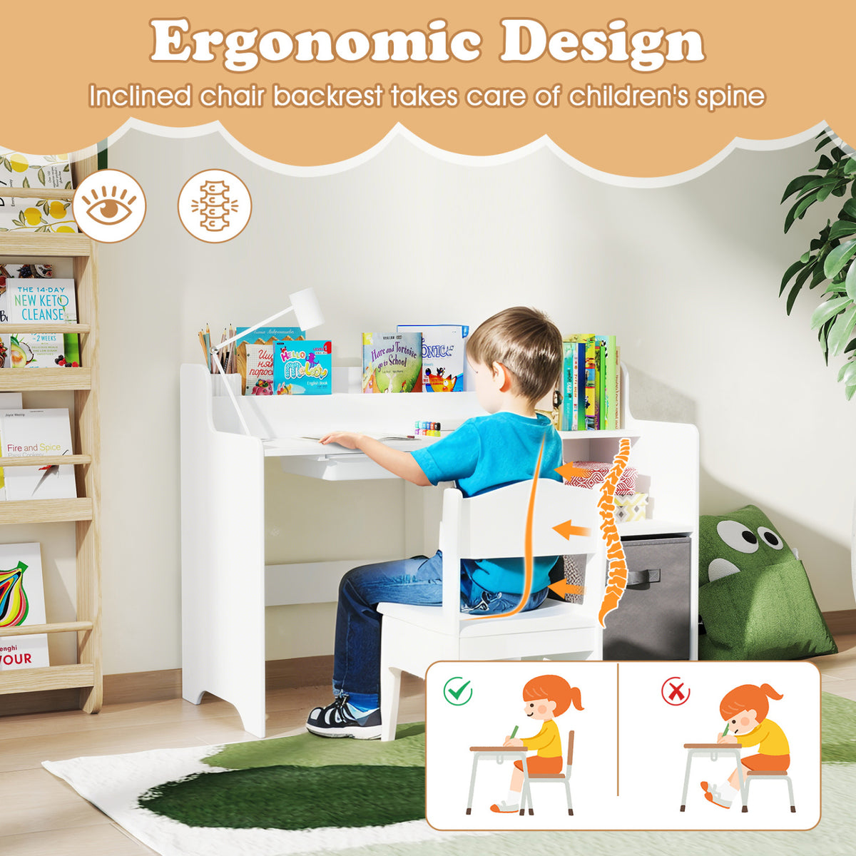 Kids Study Desk and Chair Set with Open Shelves Drawer and Fabric Storage Bin-White