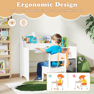 Kids Study Desk and Chair Set with Open Shelves Drawer and Fabric Storage Bin-White