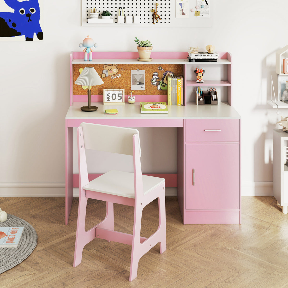 Kids Study Desk and Chair Set Student Table and Chair-White + Pink