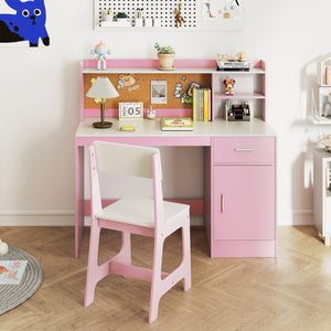 Kids Study Desk and Chair Set Student Table and Chair-White + Pink
