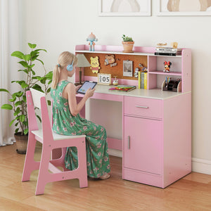 Kids Study Desk and Chair Set Student Table and Chair-White + Pink