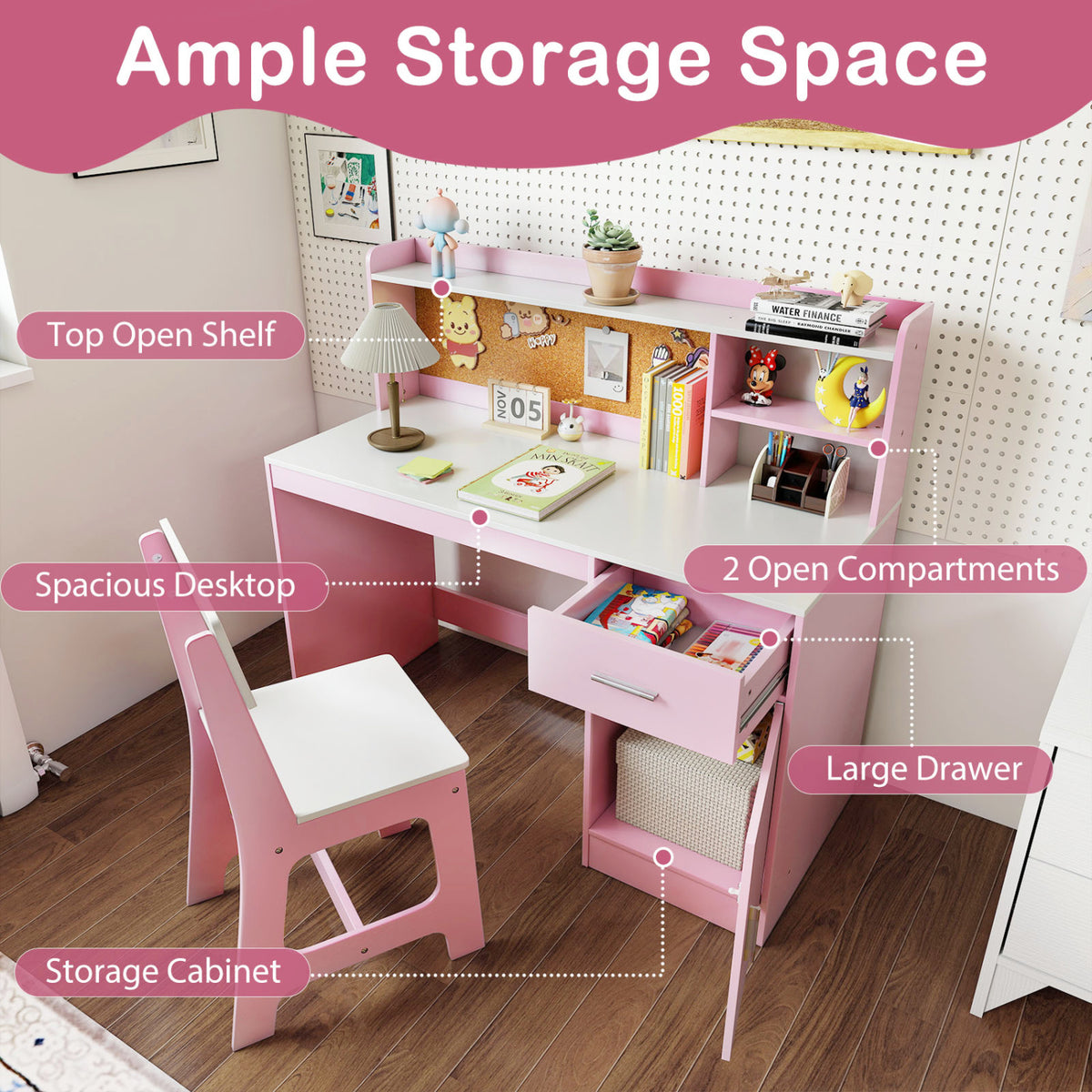 Kids Study Desk and Chair Set Student Table and Chair-White + Pink