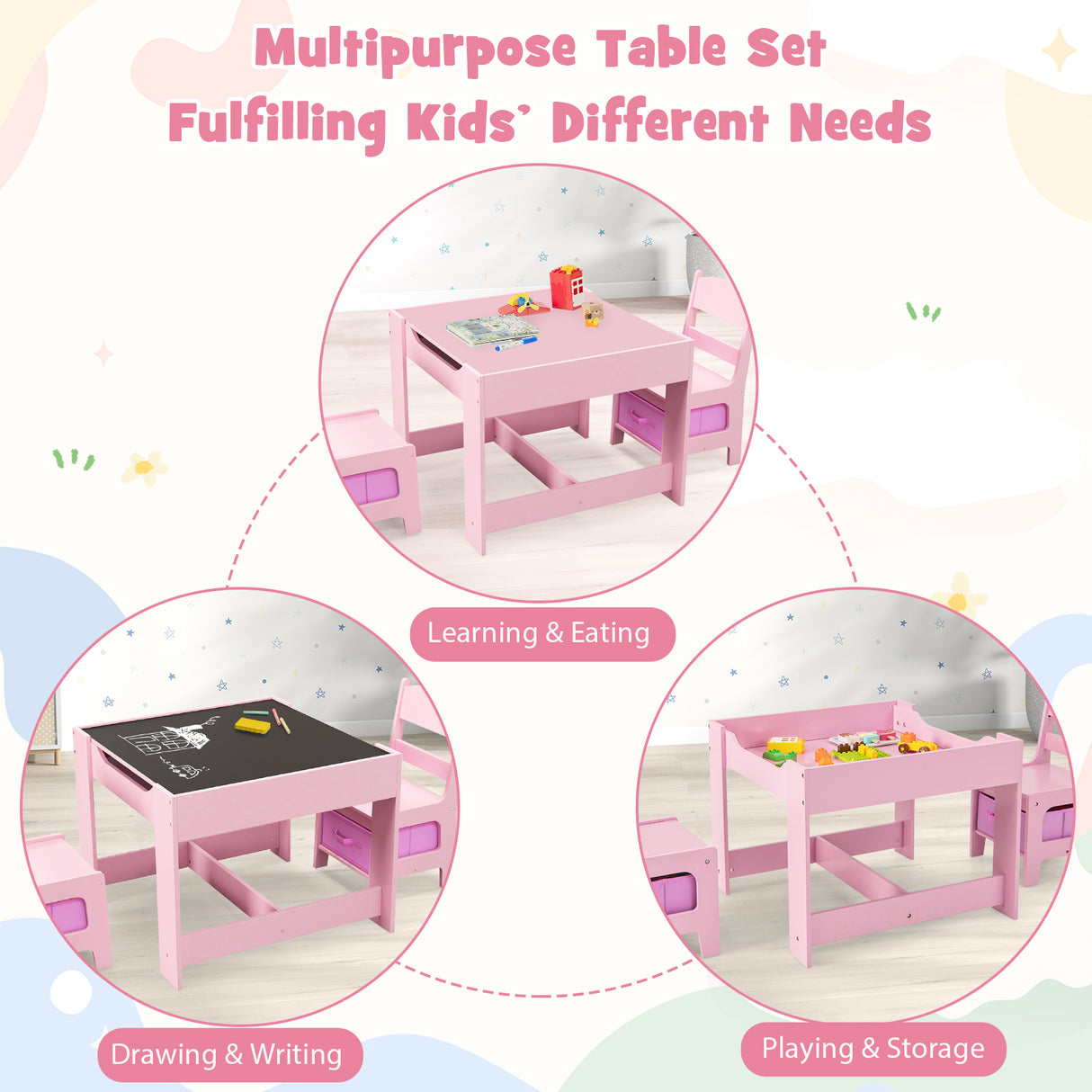 Kids Table Chairs Set With Storage Boxes Blackboard Whiteboard Drawing-Natural