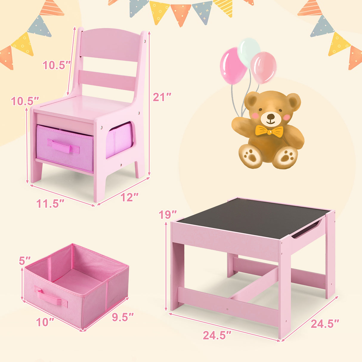 Kids Table Chairs Set With Storage Boxes Blackboard Whiteboard Drawing-Natural