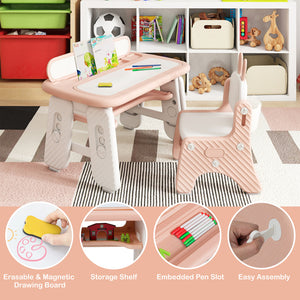 Kids Table and Chair Set with Flip-Top Bookshelf-Pink