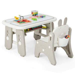 Kids Table and Chair Set with Flip-Top Bookshelf-Gray