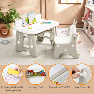 Kids Table and Chair Set with Flip-Top Bookshelf-Gray