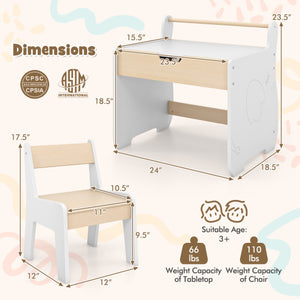 Kids Table and Chair Set with 2 in 1 Detachable Tabletop and Storage-White