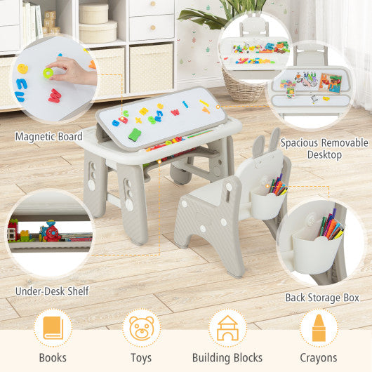 Kids Table and Chair Set with Flip-Top Bookshelf-Gray