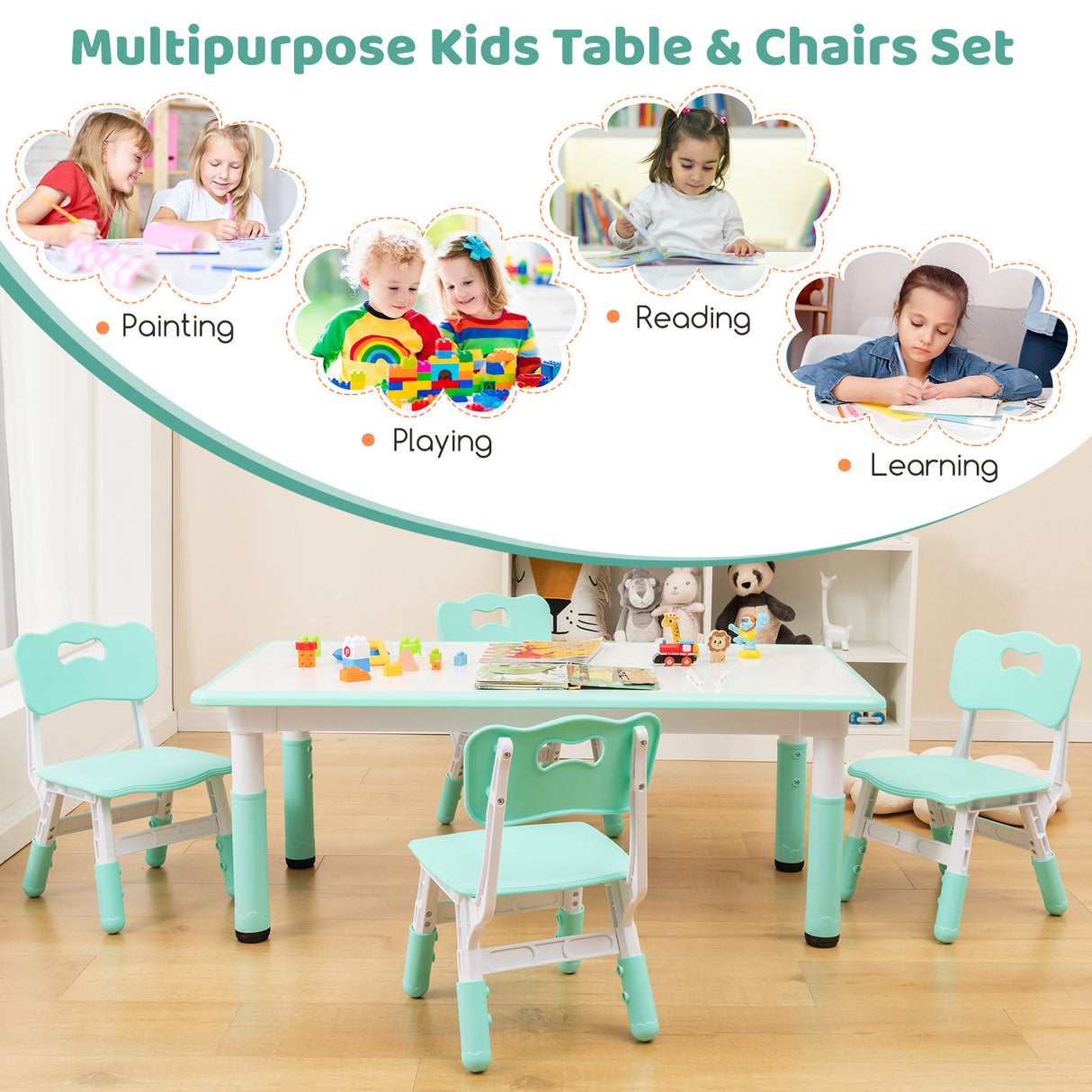 Kids Table and Chairs Set for 4 with Graffiti Desktop-Green