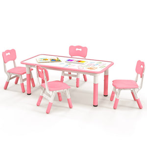 Kids Table and Chairs Set for 4 with Graffiti Desktop-Pink
