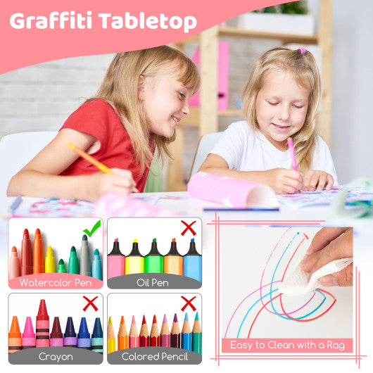 Kids Table and Chairs Set for 4 with Graffiti Desktop-Pink