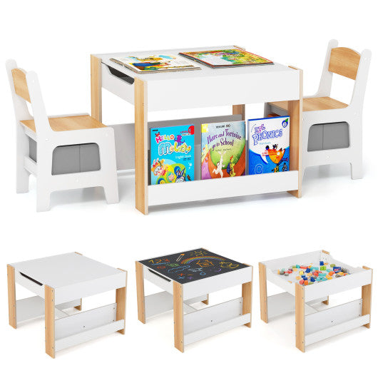 4 in 1 Kids Toddler Activity Table and Chairs Set with Reversible Tabletop-Natural