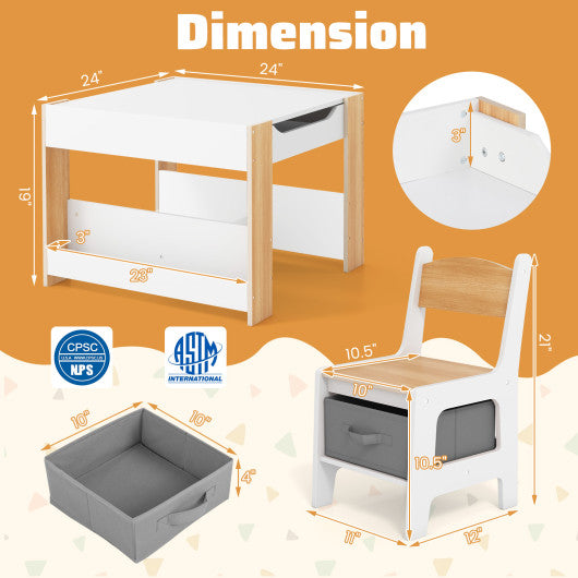 4 in 1 Kids Toddler Activity Table and Chairs Set with Reversible Tabletop-Natural
