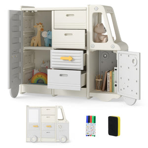 Kids Toy Storage Organizer Bus-shaped Children Cabinet with 4 Pull-out Drawers with Handles-Gray