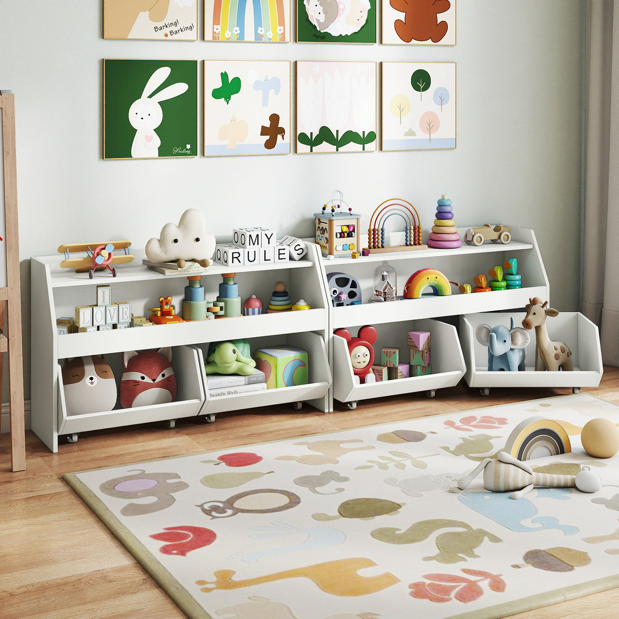 Kids Toy Storage Organizer Wooden Bookcase with 2 Movable Drawers-White