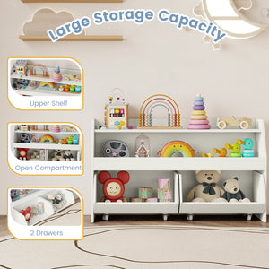 Kids Toy Storage Organizer Wooden Bookcase with 2 Movable Drawers-White