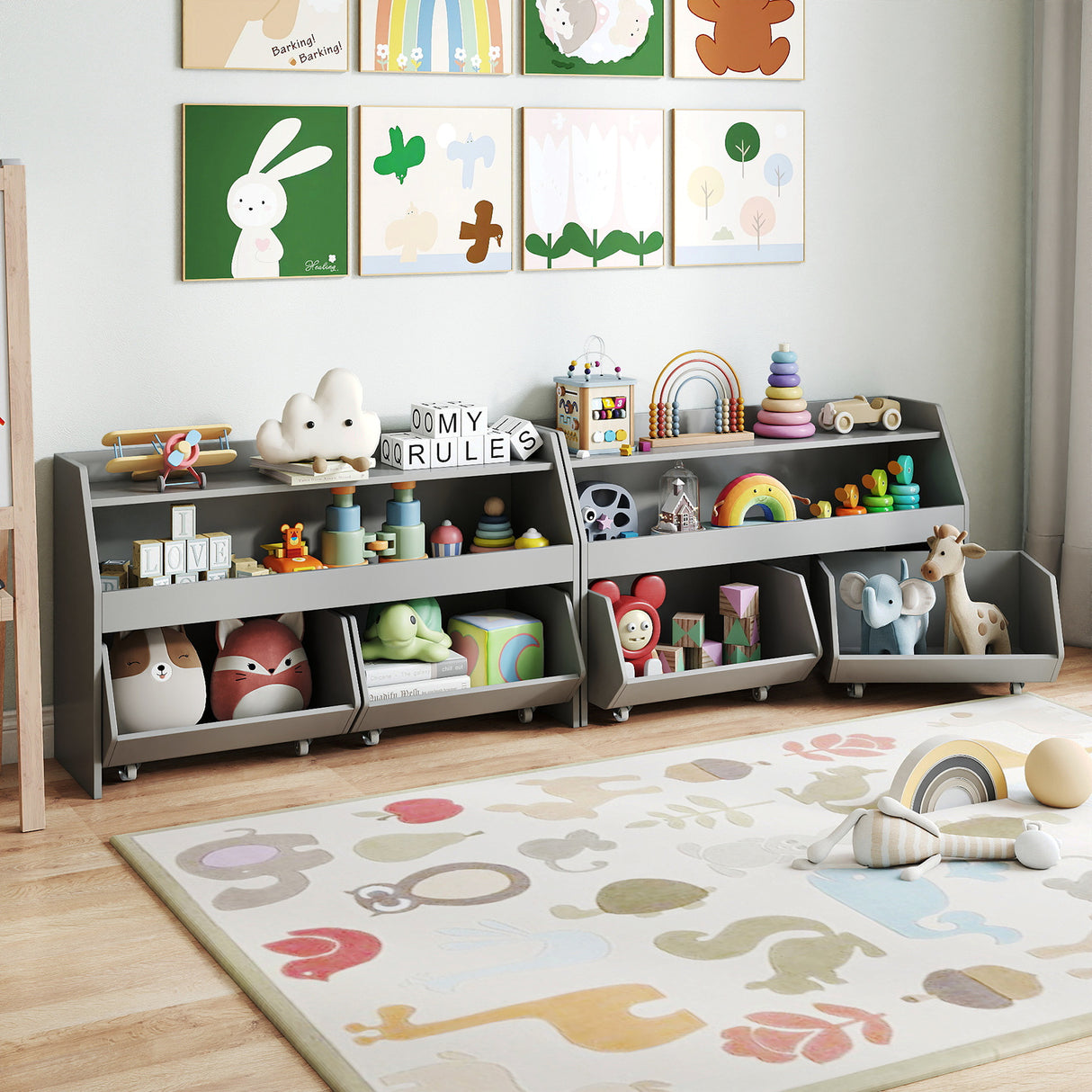 Kids Toy Storage Organizer Wooden Bookcase with 2 Movable Drawers-Gray