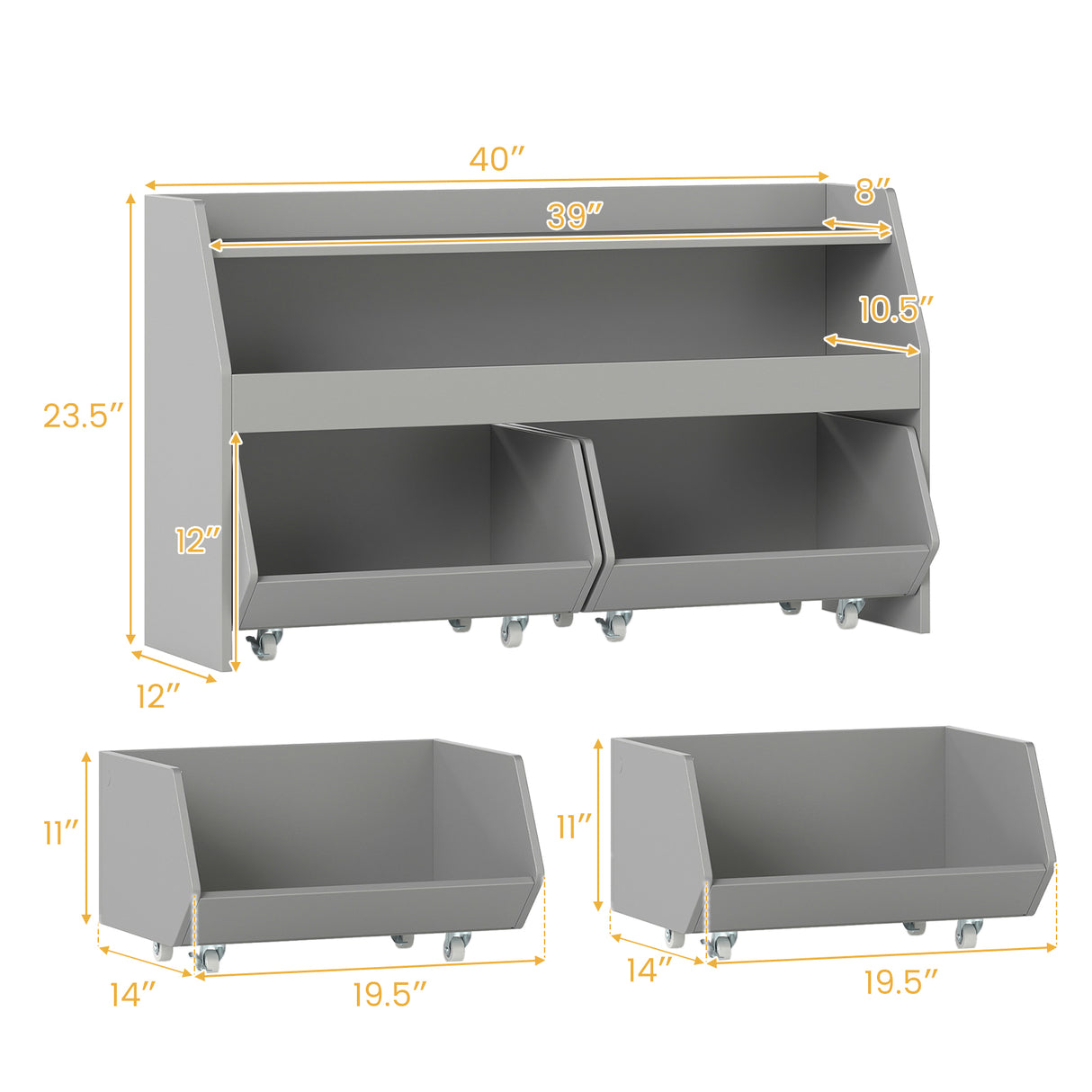 Kids Toy Storage Organizer Wooden Bookcase with 2 Movable Drawers-Gray