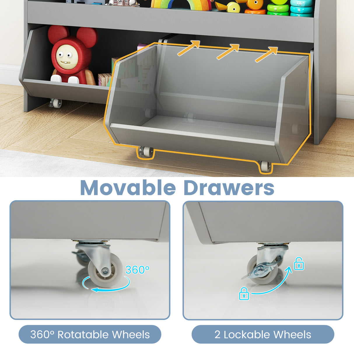 Kids Toy Storage Organizer Wooden Bookcase with 2 Movable Drawers-Gray
