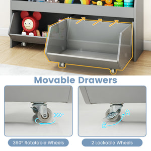 Kids Toy Storage Organizer Wooden Bookcase with 2 Movable Drawers-Gray