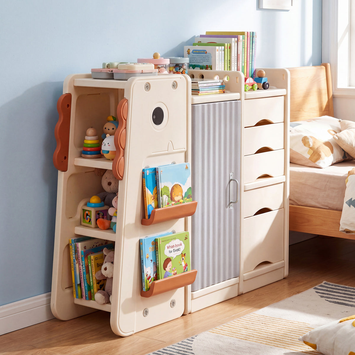 Kids Toy Storage Organizer with 5 Removable Bins for Playroom-Beige