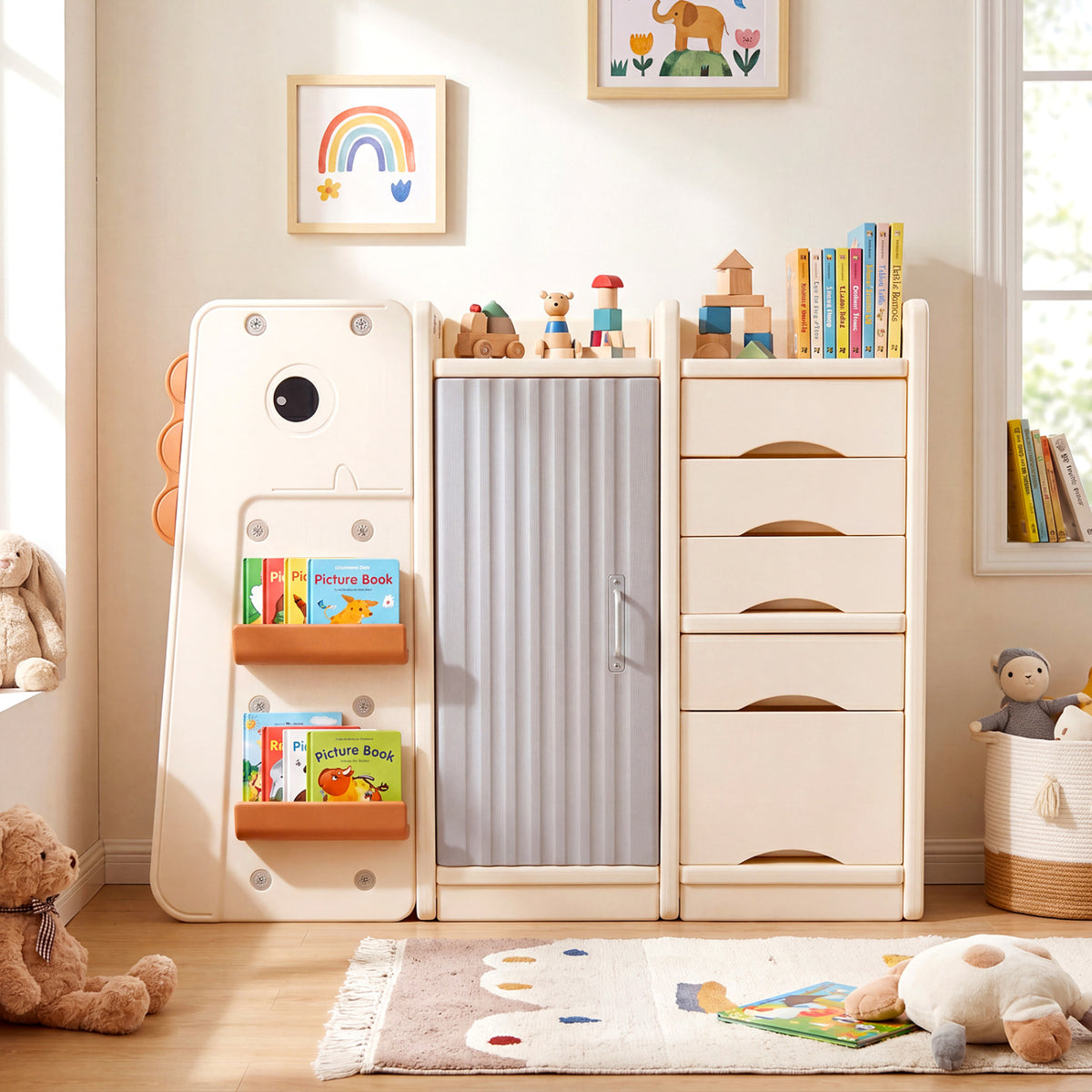 Kids Toy Storage Organizer with 5 Removable Bins for Playroom-Beige