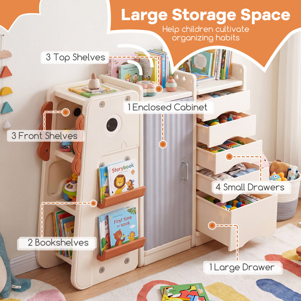 Kids Toy Storage Organizer with 5 Removable Bins for Playroom-Beige