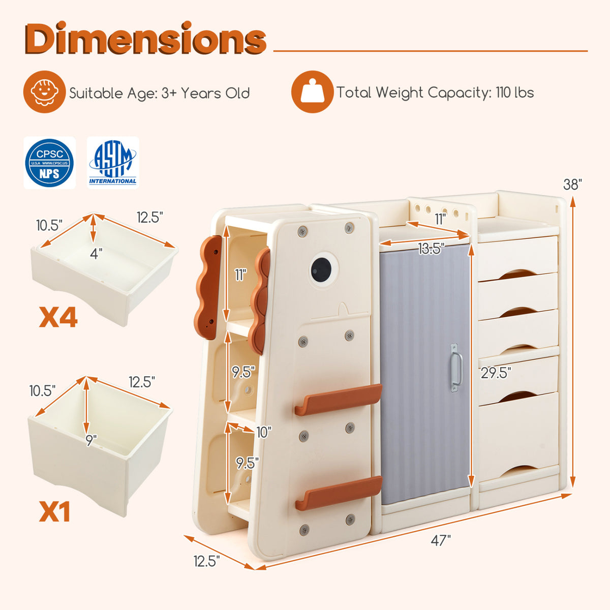 Kids Toy Storage Organizer with 5 Removable Bins for Playroom-Beige