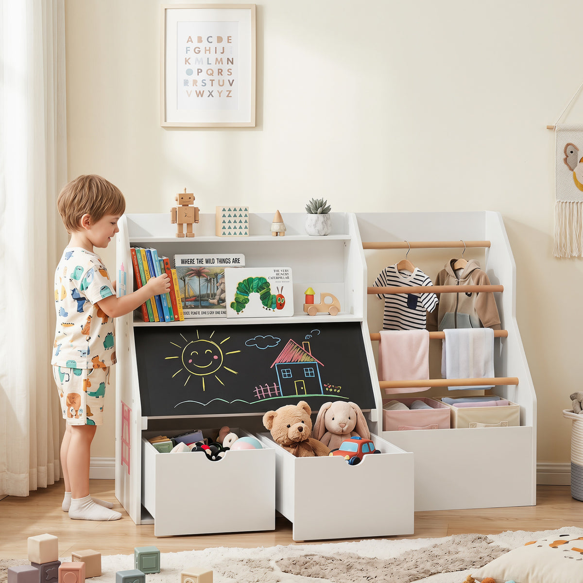 Kids Toy Storage Organizer with Flip-up Blackboard-White