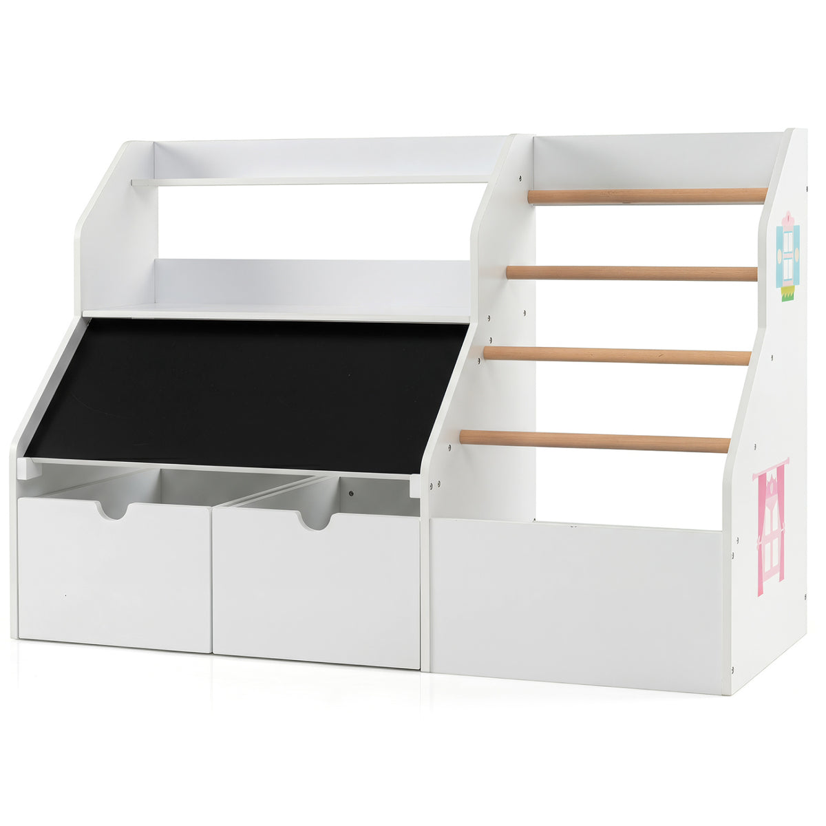 Kids Toy Storage Organizer with Flip-up Blackboard-White