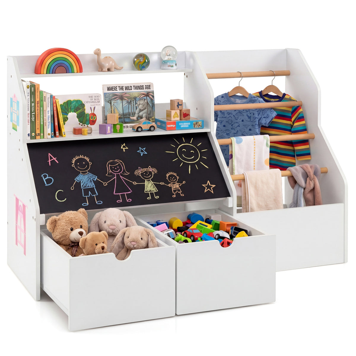 Kids Toy Storage Organizer with Flip-up Blackboard-White