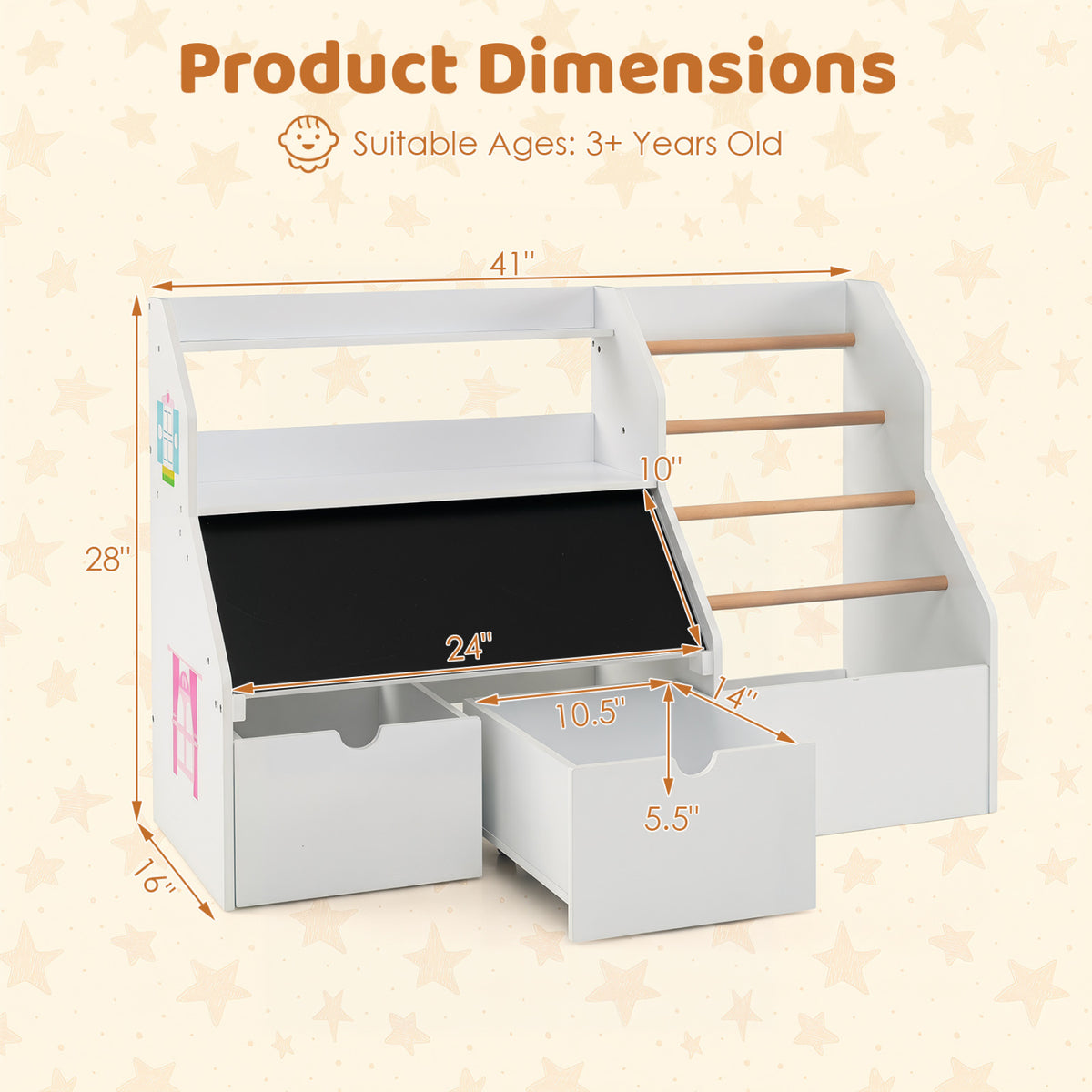 Kids Toy Storage Organizer with Flip-up Blackboard-White