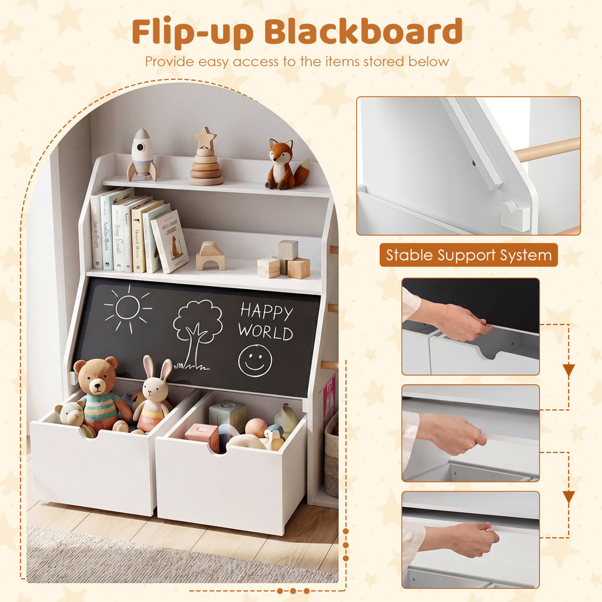 Kids Toy Storage Organizer with Flip-up Blackboard-White